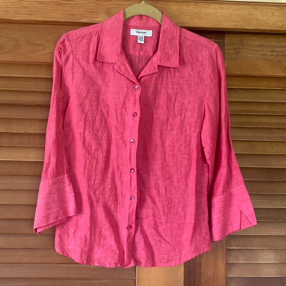 Facconable bright pink three quarter sleeve button down linen blouse.